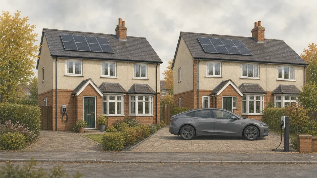 Two adjacent houses showing different charge point arrangements, one unit mounted on the house wall and one on a freestanding post at the edge of a driveway.
