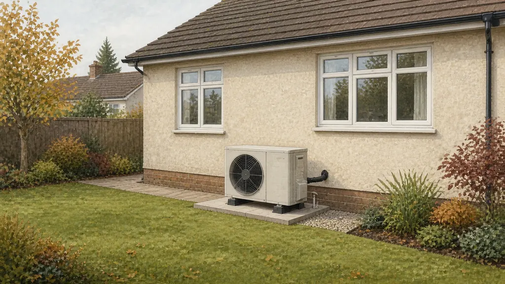 An air source heat pump standing on a paved base beside a rendered bungalow, with clear space around it and low planting set back from the unit.