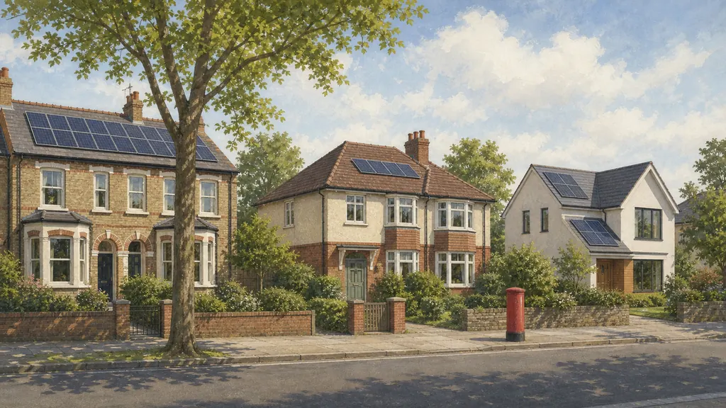 A street of British houses of different ages and roof pitches, several carrying solar arrays of noticeably different sizes and layouts.